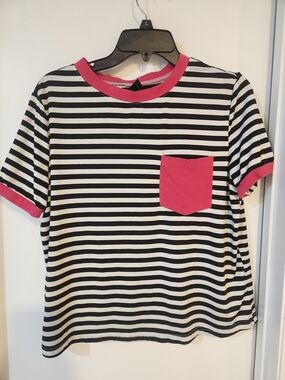 SHEIN Black & White Striped Tee with Pink Trim